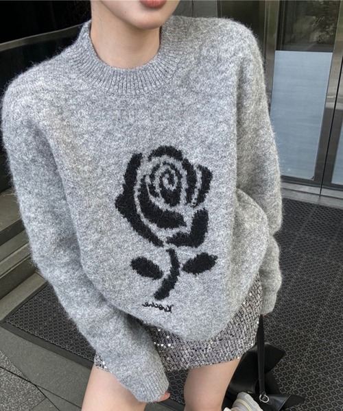 Lace Ladies(レースレディース)の「配色 ローズ柄 シャギー ニット プルオーバー(ニット/セーター・レディース・グレー/ピンク・FREE)」の5枚目の写真