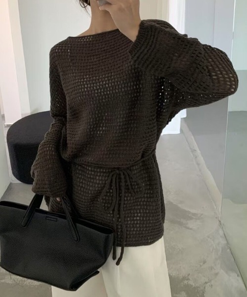 Lace Ladies（レースレディース）の「メッシュ編み ウエストリボン 長袖 ニット プルオーバー（ニット/セーター・レディース・ブラック/アイボリー/ブラウン/グレイッシュベージュ・FREE）」の3枚目の写真