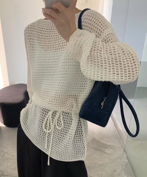 Lace Ladies（レースレディース）の「メッシュ編み ウエストリボン 長袖 ニット プルオーバー（ニット/セーター・レディース・ブラック/アイボリー/ブラウン/グレイッシュベージュ・FREE）」の2枚目の写真