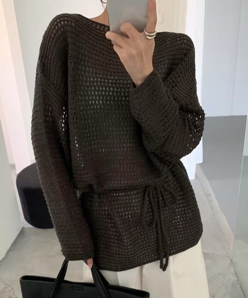Lace Ladies（レースレディース）の「メッシュ編み ウエストリボン 長袖 ニット プルオーバー（ニット/セーター・レディース・ブラック/アイボリー/ブラウン/グレイッシュベージュ・FREE）」の6枚目の写真