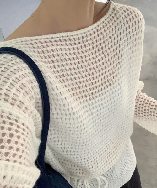 Lace Ladies（レースレディース）の「メッシュ編み ウエストリボン 長袖 ニット プルオーバー（ニット/セーター・レディース・ブラック/アイボリー/ブラウン/グレイッシュベージュ・FREE）」の7枚目の写真