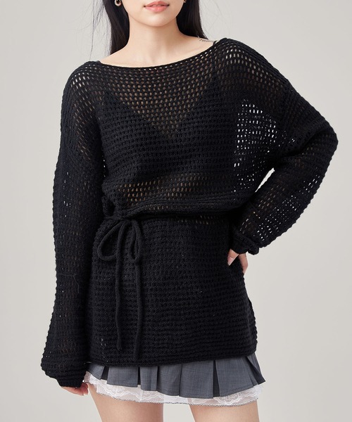 Lace Ladies（レースレディース）の「メッシュ編み ウエストリボン 長袖 ニット プルオーバー（ニット/セーター・レディース・ブラック/アイボリー/ブラウン/グレイッシュベージュ・FREE）」の19枚目の写真