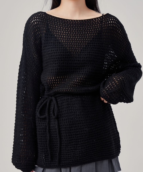 Lace Ladies（レースレディース）の「メッシュ編み ウエストリボン 長袖 ニット プルオーバー（ニット/セーター・レディース・ブラック/アイボリー/ブラウン/グレイッシュベージュ・FREE）」の20枚目の写真