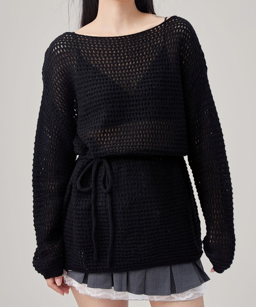 Lace Ladies（レースレディース）の「メッシュ編み ウエストリボン 長袖 ニット プルオーバー（ニット/セーター・レディース・ブラック/アイボリー/ブラウン/グレイッシュベージュ・FREE）」の21枚目の写真