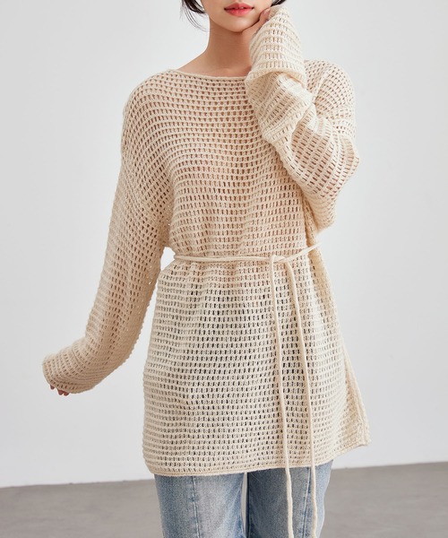 Lace Ladies（レースレディース）の「メッシュ編み ウエストリボン 長袖 ニット プルオーバー（ニット/セーター・レディース・ブラック/アイボリー/ブラウン/グレイッシュベージュ・FREE）」の10枚目の写真