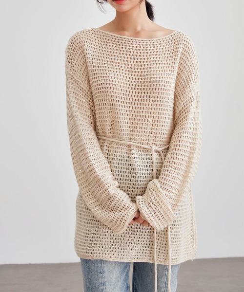 Lace Ladies（レースレディース）の「メッシュ編み ウエストリボン 長袖 ニット プルオーバー（ニット/セーター・レディース・ブラック/アイボリー/ブラウン/グレイッシュベージュ・FREE）」の11枚目の写真