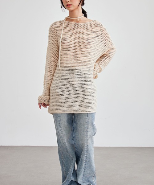 Lace Ladies（レースレディース）の「メッシュ編み ウエストリボン 長袖 ニット プルオーバー（ニット/セーター・レディース・ブラック/アイボリー/ブラウン/グレイッシュベージュ・FREE）」の12枚目の写真