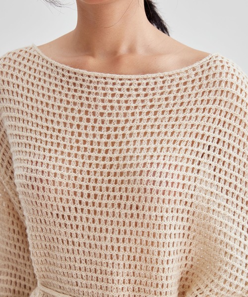 Lace Ladies（レースレディース）の「メッシュ編み ウエストリボン 長袖 ニット プルオーバー（ニット/セーター・レディース・ブラック/アイボリー/ブラウン/グレイッシュベージュ・FREE）」の15枚目の写真