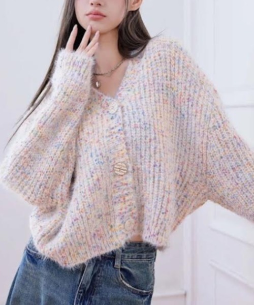 cammie（キャミー）の「ミックスヤーンニットカーディガン（ニット/セーター・レディース・パープル/ブラック/アイボリー・F）」の7枚目の写真