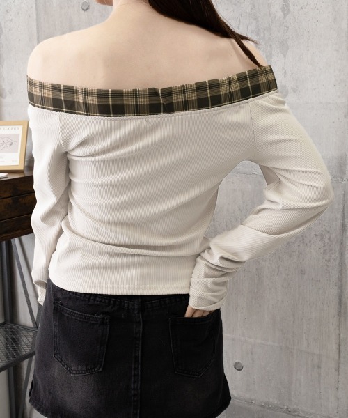Miniministore(ミニミニストア)の「オフショルダー長袖Tシャツチェックリボン(Tシャツ/カットソー・レディース・グレイッシュベージュ/ブラック・FREE)」の19枚目の写真