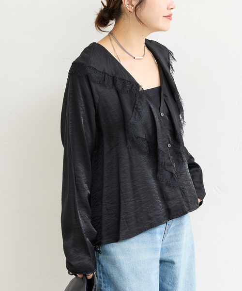 JOURNAL STANDARD（ジャーナルスタンダード）の「シアーサテンツイルレースブラウス（シャツ/ブラウス・レディース・ブラック・FREE）」の6枚目の写真