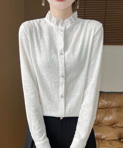 DAY CLOSET(デイ クローゼット)の「【きれいめ 透かし編みニット】長袖 フリルネック スタンドカラー ブラウス レディース(ニット/セーター・レディース・ホワイト/ブラック/アイボリー・M)」の2枚目の写真