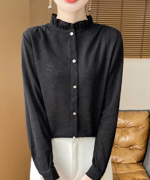 DAY CLOSET(デイ クローゼット)の「【きれいめ 透かし編みニット】長袖 フリルネック スタンドカラー ブラウス レディース(ニット/セーター・レディース・ホワイト/ブラック/アイボリー・M)」の1枚目の写真