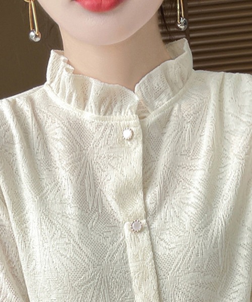 DAY CLOSET(デイ クローゼット)の「【きれいめ 透かし編みニット】長袖 フリルネック スタンドカラー ブラウス レディース(ニット/セーター・レディース・ホワイト/ブラック/アイボリー・M)」の9枚目の写真