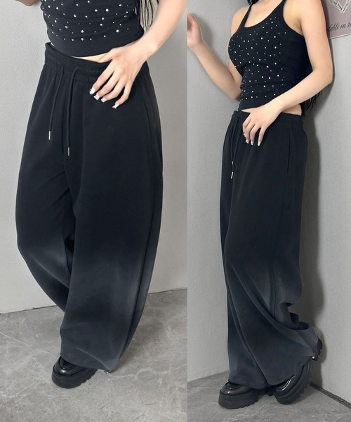 FOLLOWIN(フォロウィン)の「【 UNISEX /オールシーズン 】2color/ブラックグラデーションワイドスウェットパンツ【 裾絞り可能 】(スウェットパンツ・レディース・グレー/ブラック・FREE)」の2枚目の写真