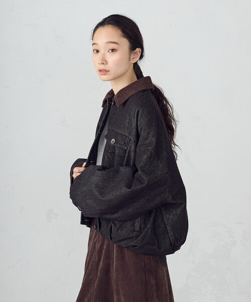 ONIGIRI（オニギリ）の「衿コーデュロイ デニムブルゾン / セットアップ対応（ブルゾン・レディース・ブラウン/ベージュ・FREE）」の2枚目の写真