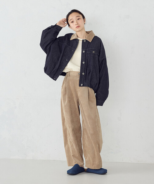 ONIGIRI（オニギリ）の「衿コーデュロイ デニムブルゾン / セットアップ対応（ブルゾン・レディース・ブラウン/ベージュ・FREE）」の3枚目の写真