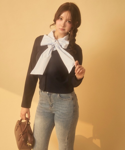 TITTY&CO.（ティティーアンドコー）の「レイヤードリボントップス（ニット/セーター・レディース・ネイビー/グレー・FREE）」の19枚目の写真