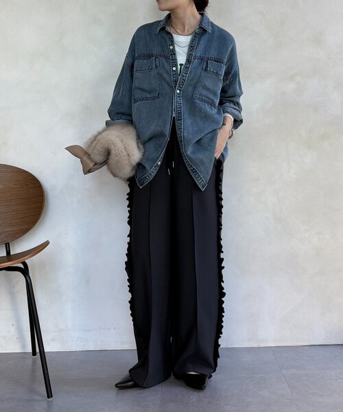 DouDou(ドゥドゥ)の「【WEB限定】カットジョーゼットサイドフリルパンツ(その他パンツ・レディース・ブラック/チャコールグレー/グレイッシュベージュ・FREE)」の14枚目の写真