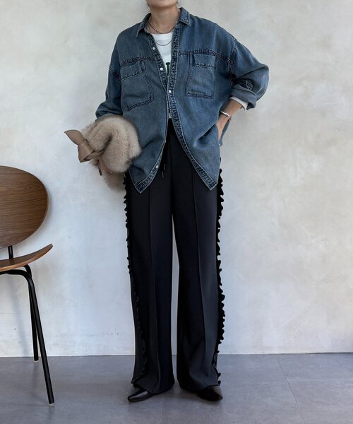 DouDou(ドゥドゥ)の「【WEB限定】カットジョーゼットサイドフリルパンツ(その他パンツ・レディース・ブラック/チャコールグレー/グレイッシュベージュ・FREE)」の15枚目の写真