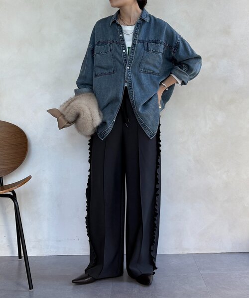DouDou(ドゥドゥ)の「【WEB限定】カットジョーゼットサイドフリルパンツ(その他パンツ・レディース・ブラック/チャコールグレー/グレイッシュベージュ・FREE)」の16枚目の写真