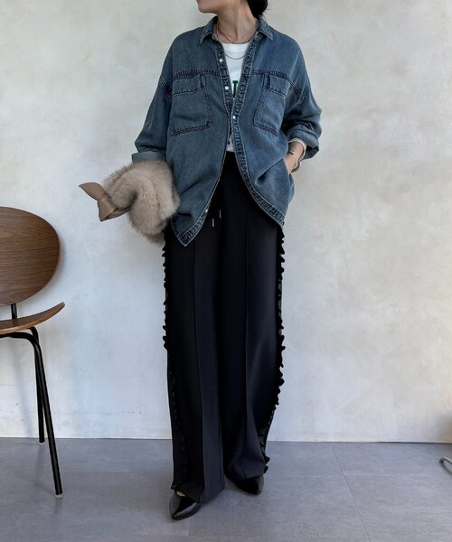 DouDou(ドゥドゥ)の「【WEB限定】カットジョーゼットサイドフリルパンツ(その他パンツ・レディース・ブラック/チャコールグレー/グレイッシュベージュ・FREE)」の17枚目の写真
