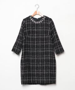 セール】【LEJA】ツイード柄ハイウエストソフトパフスリーブ半袖ドレス