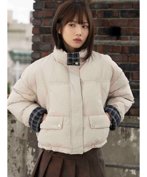 セール】チェック配色バラクラバパディングジャケット [ライトベージュ