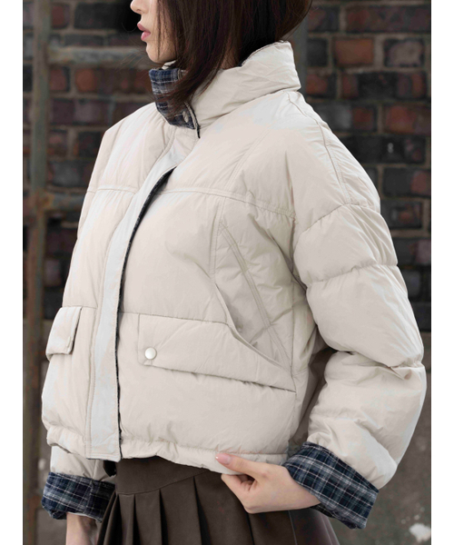 セール】チェック配色バラクラバパディングジャケット [ライトベージュ