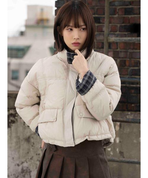 チェック配色バラクラバパディングジャケット [ライトベージュ