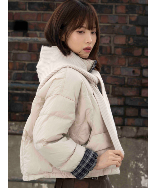 セール】チェック配色バラクラバパディングジャケット [ライトベージュ