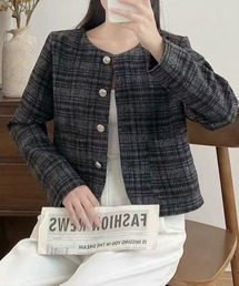 チェック柄 ノーカラージャケット グレー系 ノーカラージャケット（グレー/灰色系・チェック柄）ファッション通販