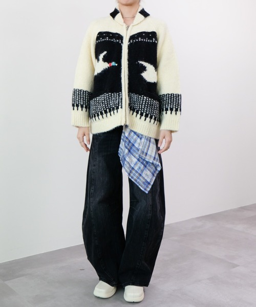 セール】バード柄ニットカーディガン（カーディガン/ボレロ