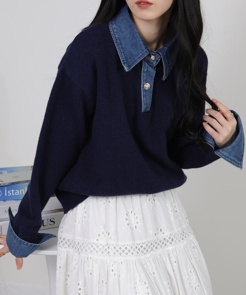 Matin Kim ネイビー ポロネックセーター M MATIN KIM ニット セーター COLOR LINE POINT LOGO KNIT PULLOVER