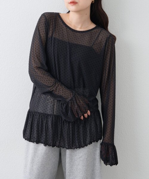 CIAOPANIC TYPY(チャオパニックティピー)の「【レイヤードにおすすめ】フロッキードットチュールフリルトップス(Tシャツ/カットソー・レディース・アイボリー/サックスブルー/ブラック・ONE SIZE)」の1枚目の写真