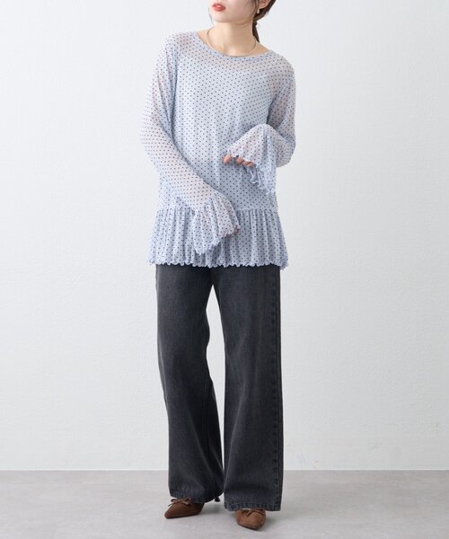 CIAOPANIC TYPY(チャオパニックティピー)の「【レイヤードにおすすめ】フロッキードットチュールフリルトップス(Tシャツ/カットソー・レディース・アイボリー/サックスブルー/ブラック・ONE SIZE)」の11枚目の写真