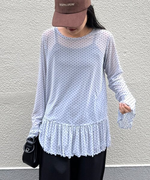 CIAOPANIC TYPY(チャオパニックティピー)の「【レイヤードにおすすめ】フロッキードットチュールフリルトップス(Tシャツ/カットソー・レディース・アイボリー/サックスブルー/ブラック・ONE SIZE)」の15枚目の写真