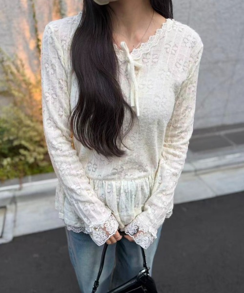 mebole(メボレ)の「Airy Lace Ribbon Top(Tシャツ/カットソー・レディース・アイボリー・FREE)」の3枚目の写真