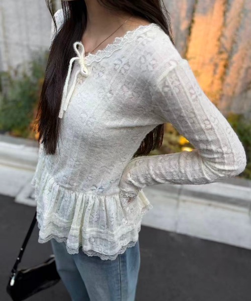 mebole(メボレ)の「Airy Lace Ribbon Top(Tシャツ/カットソー・レディース・アイボリー・FREE)」の6枚目の写真
