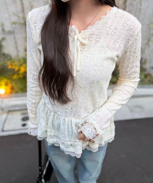 mebole(メボレ)の「Airy Lace Ribbon Top(Tシャツ/カットソー・レディース・アイボリー・FREE)」の5枚目の写真