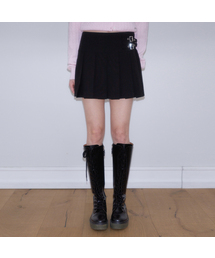 Double Buckle Pleat Mini Skirt [Black]