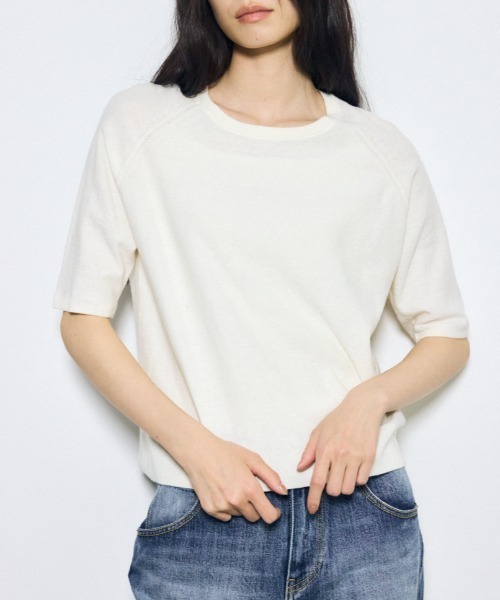 AZUL by moussy(アズールバイマウジー)の「カシミヤミックスハーフスリーブニット(ニット/セーター・レディース・ブラック/ブラック系その他/ライトイエロー/オフホワイト・SMALL/MEDIUM)」の2枚目の写真