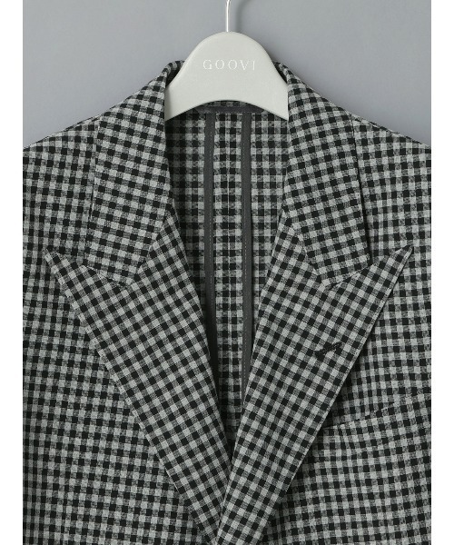 SUIT SQUARE（スーツスクエア）の「GOOVI／ダブルブレストジャケット／ポリエステルリネン／ギンガムチェック（スーツジャケット・メンズ・グレー・3/2/1）」の2枚目の写真