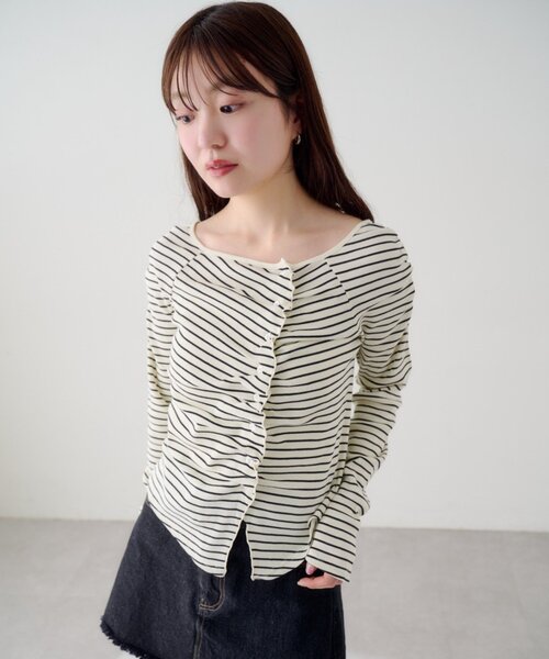 Kastane(カスタネ)の「【無地&ボーダー】ギャザーテレコカーディガン(Tシャツ/カットソー・レディース・ブラック/サックスブルー/アイボリー/チャコールグレー/オフホワイト・FREE)」の1枚目の写真