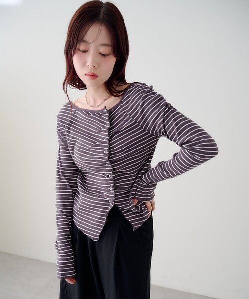 Kastane(カスタネ)の「【無地&ボーダー】ギャザーテレコカーディガン(Tシャツ/カットソー・レディース・ブラック/サックスブルー/アイボリー/チャコールグレー/オフホワイト・FREE)」の3枚目の写真