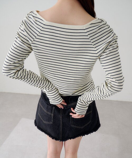 Kastane(カスタネ)の「【無地&ボーダー】ギャザーテレコカーディガン(Tシャツ/カットソー・レディース・ブラック/サックスブルー/アイボリー/チャコールグレー/オフホワイト・FREE)」の7枚目の写真