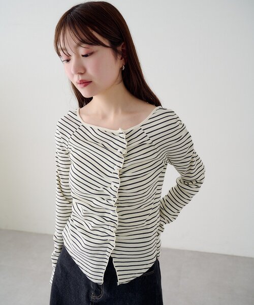 Kastane(カスタネ)の「【無地&ボーダー】ギャザーテレコカーディガン(Tシャツ/カットソー・レディース・ブラック/サックスブルー/アイボリー/チャコールグレー/オフホワイト・FREE)」の8枚目の写真