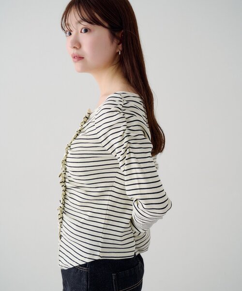 Kastane(カスタネ)の「【無地&ボーダー】ギャザーテレコカーディガン(Tシャツ/カットソー・レディース・ブラック/サックスブルー/アイボリー/チャコールグレー/オフホワイト・FREE)」の9枚目の写真