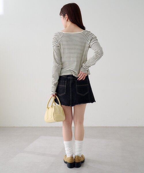 Kastane(カスタネ)の「【無地&ボーダー】ギャザーテレコカーディガン(Tシャツ/カットソー・レディース・ブラック/サックスブルー/アイボリー/チャコールグレー/オフホワイト・FREE)」の14枚目の写真