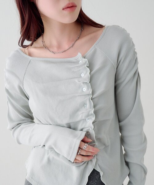 Kastane(カスタネ)の「【無地&ボーダー】ギャザーテレコカーディガン(Tシャツ/カットソー・レディース・ブラック/サックスブルー/アイボリー/チャコールグレー/オフホワイト・FREE)」の22枚目の写真